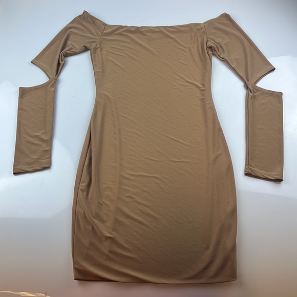 MYSTYLEMODE NUDE DOUBLE LINED OFF THE SHOULDER ELBOW CUT OUT MINI DRESS S99-59 - Picture 8 of 8